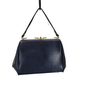 Vintage 60's Handbag Top Handle Vegan Framed Clasp Closure Midnight Blue Gold